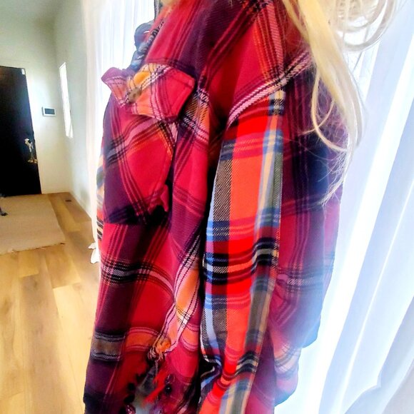 We The Free Patched Up Plaid Shirt Extra Small Berry Combo - Picture 8 of 8